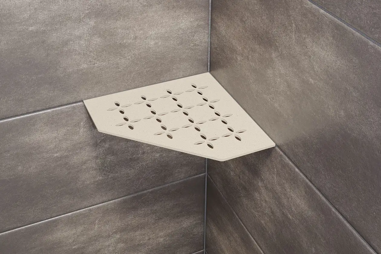 Schlüter-Shelf-E-S2 é uma prateleira de canto reequipável com a forma de um quadrado