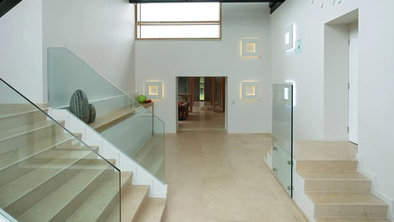 Large natural stone floor pavers in the entrance hall of the Moonstone Project.