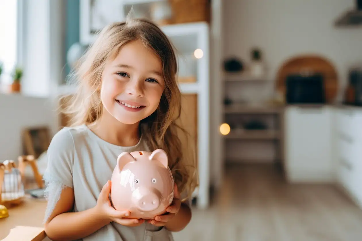 En liten, blond flicka hemma hos sig med en rosa spargris i h&auml;nderna