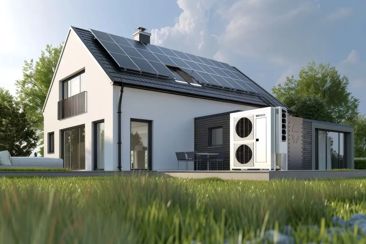Exteri&ouml;ren av ett modernt, frist&aring;ende enfamiljshus med solcellsanl&auml;ggning och v&auml;rmepump i gr&ouml;nskande milj&ouml;