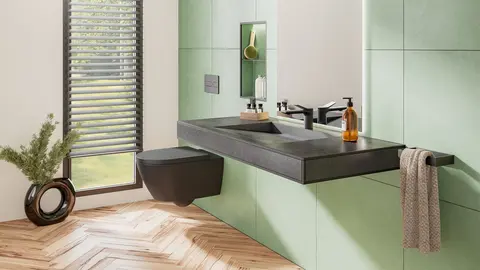 V&auml;ggh&auml;ngt, gr&aring;tt kaklat tv&auml;ttst&auml;ll av KERDI-BOARD-WS med standardblandare och mattsvart avslutningsprofil