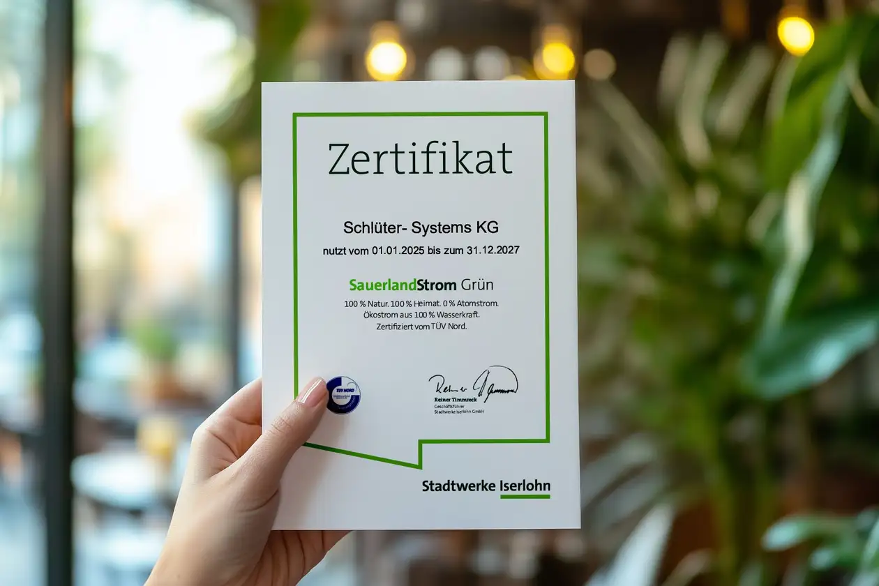 Dokument som certifierar att Schl&uuml;ter-Systems anv&auml;nder till 100 procent gr&ouml;n el fr&aring;n vattenkraft fr&aring;n Iserlohns kommunala verk.