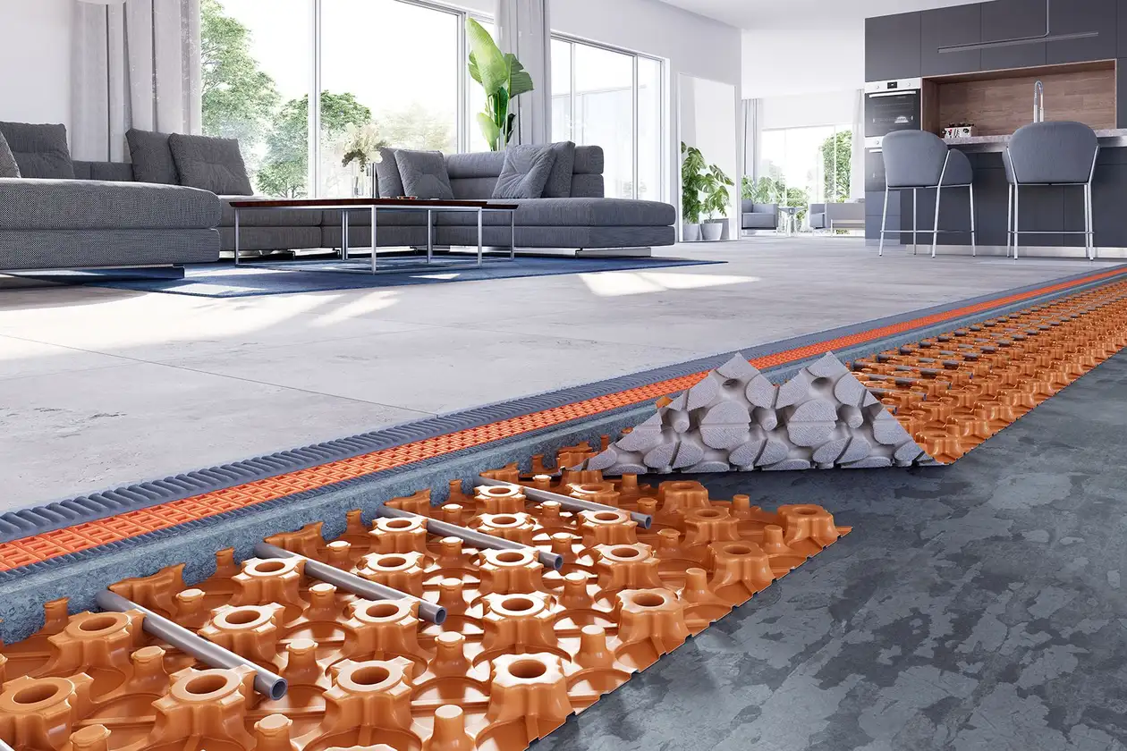 Schl&uuml;ter-BEKOTEC-THERM-konstruktion under kaklat golv i bostadsrum