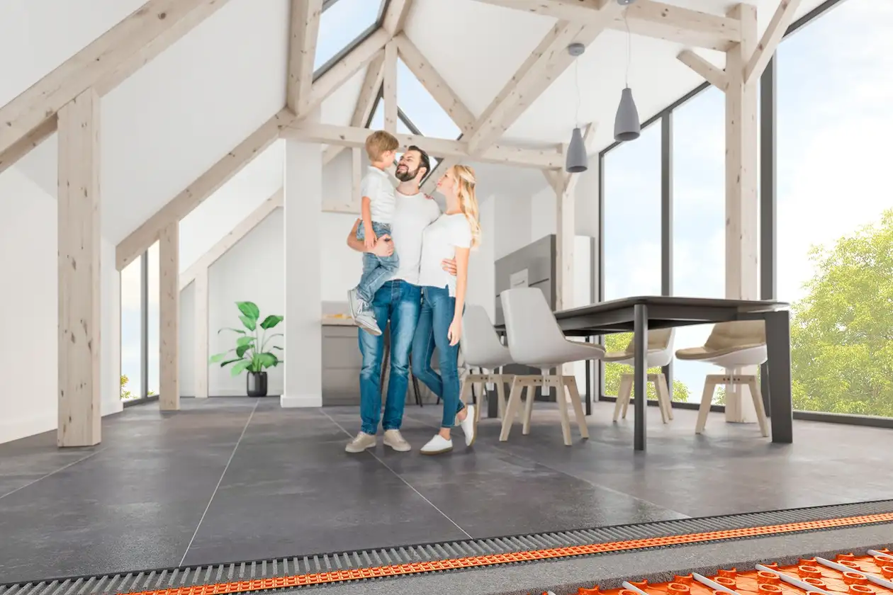 Golvkonstruktion i matrum med vattenburen golvv&auml;rme Schl&uuml;ter-BEKOTEC-THERM.