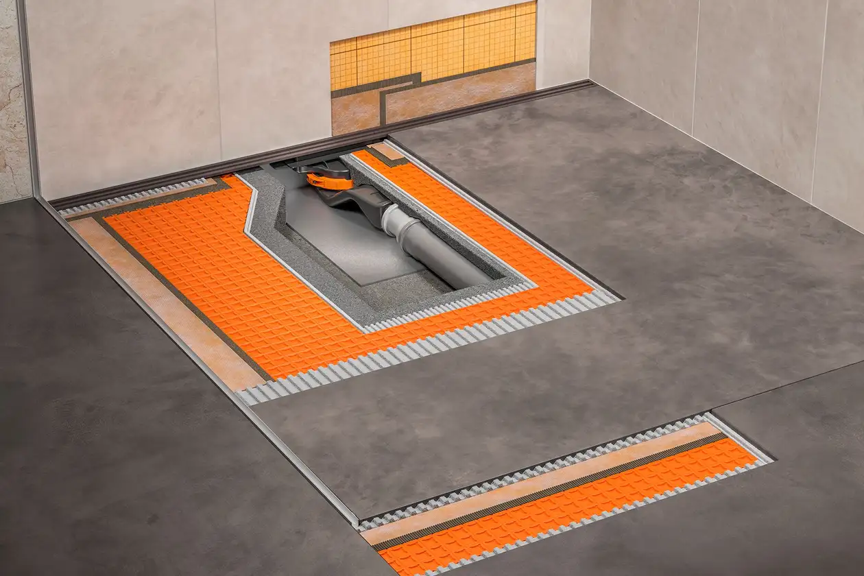 Schl&uuml;ter-Systems Kerdi-Line-Vario-avloppsteknik med stor klinkerplatta