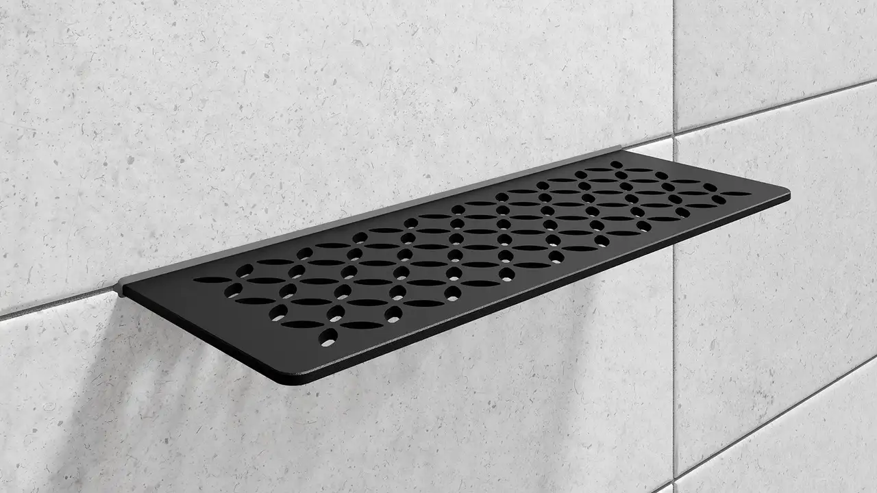 Schl&uuml;ter-SHELF i f&auml;rgen MGS grafitsvart matt &auml;r en dekorativ v&auml;gghylla f&ouml;r kakel och natursten