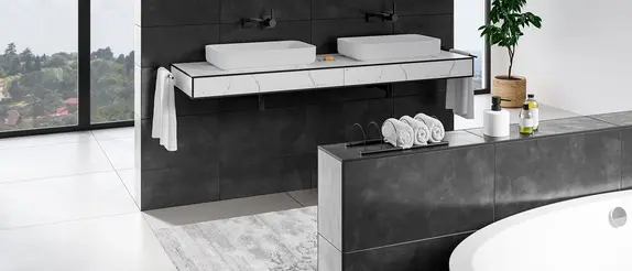 Bir süpürgelik dış köşesinde 90 derece açıya sahip Schlüter-Systems doku kaplamalı JOLLY kenar koruma profili